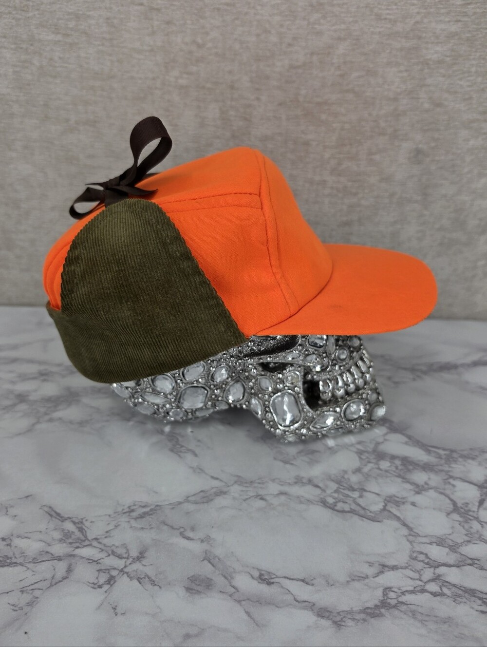Duxbak Vintage Hunting Trapper Hat Flat Bill Front Hunter Orange Green Corduroy